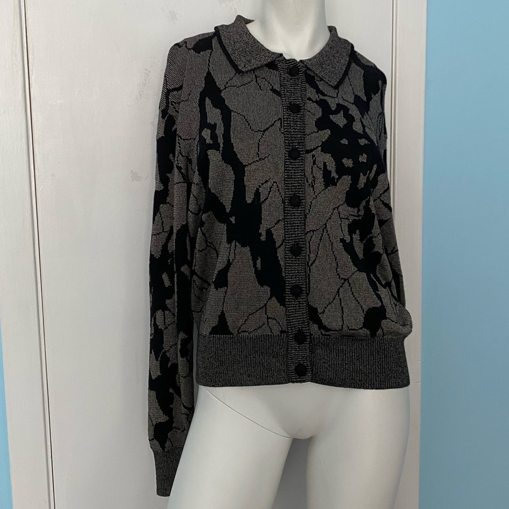 Grey and Black Cardigan Sweater with an Artistic Abstract Design